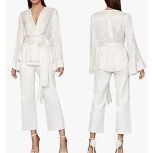 BCBGMaxAzria Dotted Bell Sleeve Satin Wrap Blouse Top White Women's Size S